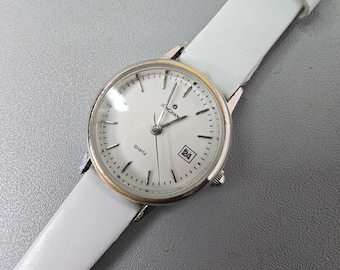 Vintage polierte Stahl Junghans 804 Damen Quarz Uhr mit Lederarmband