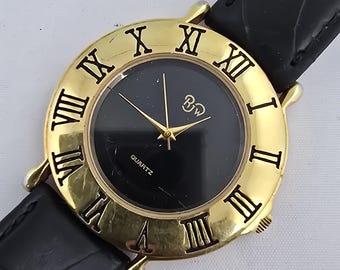 VintageJRJW Vergoldete Damenuhr Schwarzes Lederarmband 1980er Jahre ERSATZ / REPARATUREN