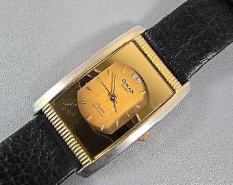 Vintage Omax Damen-Kristall-Quarz-Uhr-Schwarz-Leder-Bügel C051