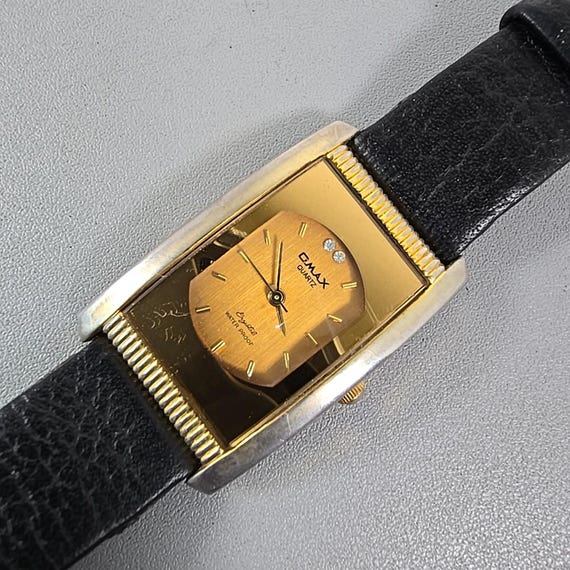 Vintage Omax Ladies Crystal Quartz Watch Black Leather Strap C051