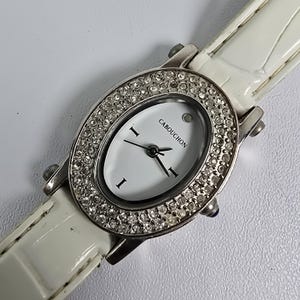 Vintage Cabouchon Ladies Crystal Watch White Leather Strap Quartz Luxury