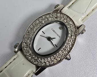 Vintage Cabouchon Damenuhr Kristall Armbanduhr Weiss Lederband Quartz Luxus