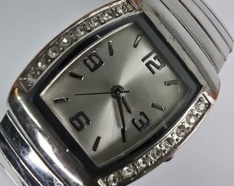 Vintage Damen Tonneau Uhr Quartz Set Edelstahl Armband Silber