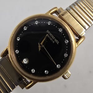 Raymond Weil 9923 Ladies Watch 18K Gold Plated Black Dial Vintage Swiss Quartz