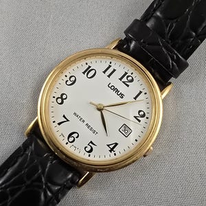 Vintage Lorus VX32-X193 Gold Herrenuhr Datum Schwarzes Lederband Funktioniert
