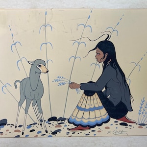 May include: Illustration of a woman and a deer in a field. The woman is wearing a blue jacket and a skirt with blue and yellow accents. The deer is grey with a light brown face. Blue plants are in the background.