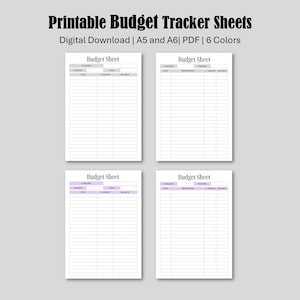 May include: Four budget sheets with a light purple header and text that reads "Budget Sheet". The sheets are white with lines for categories, dates, descriptions, amounts, and balances. The top of the image has the text "Printable Budget Tracker Sheets".