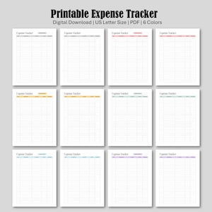 May include: A collection of printable expense trackers in various pastel colors, including pink, gray, yellow, and blue. Each tracker features a grid layout for recording expenses. The text "Printable Expense Tracker" is at the top.