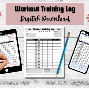 Könnte beinhalten: Druckbarer Trainingstagebuch-Vorlage in Schwarzweiß mit grauen Akzenten. Das Protokoll enthält Abschnitte für Datum, Stimmung, Übungsname, Sätze, Wiederholungen, Gewicht, Startzeit, Endzeit, Notizen und einen Abschnitt für die Ziele des Tages. Die Vorlage wird auf einem Tablet und einem Smartphone angezeigt.