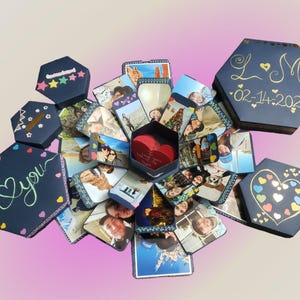 Caja de regalo explosiva personalizada, regalo sorpresa con foto y chocolate, caja de dulces sorpresa emergente para recuerdo de aniversario y cumpleaños. imagen 16