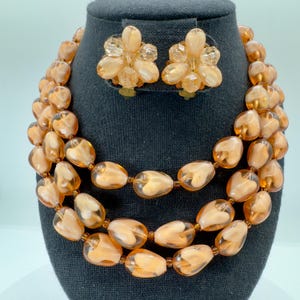 Vintage 1950&#39;s Peach Three Strand Adjustable Beaded Necklace with Matching Clip-on Earrings - Mid-Century Jewelry Set