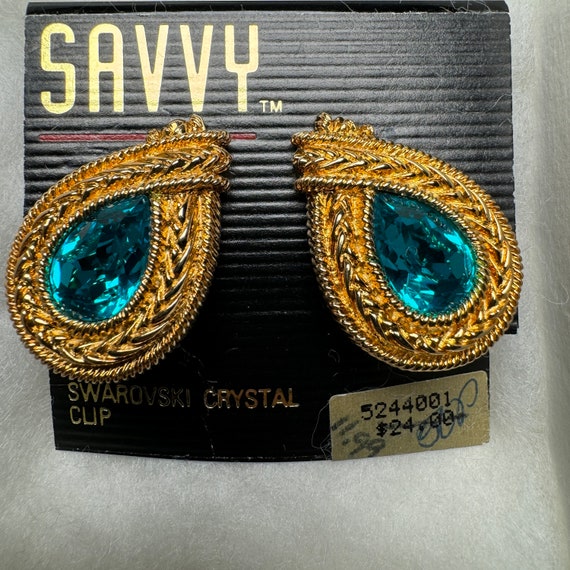 Vintage 1980's SAVVY Teal Blue Swarovski Crystal … - image 3