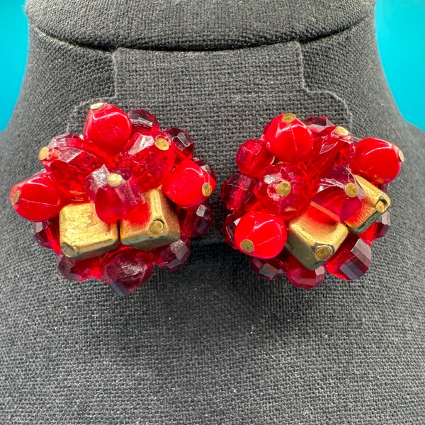 Vintage 1950's Red and Gold Beads Cluster Clip-On Earrings - Mid-Century Earrings - Made in West Germany