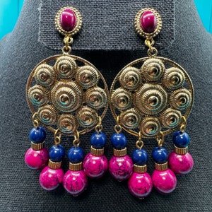 Vintage 1980&#39;s 1928 BOHO Indian Inspired Drop Earrings Gold Discs, Gold Beads with Royal Blue and Hot Pink Faux Stones - NWT - Made in USA