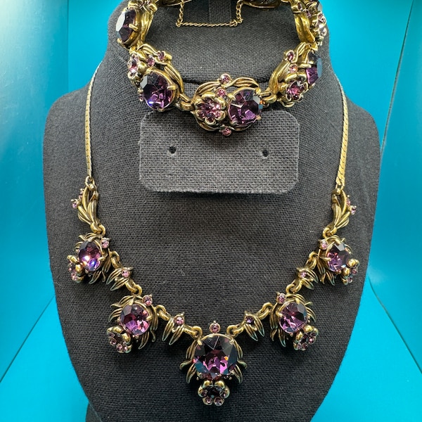 Vintage 1954 Signed Hollycraft Copper. Gold Tone and Purple Crystal Spiders Necklace and Matching Bracelet. Mid-Century Jewelry Set