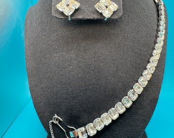 Vintage 1950's Mid-Century Eisenberg Clear Rhinestone Bracelet & matching Screw Back Earrings, Glamorous MCM Jewelry Set Excellent Condition