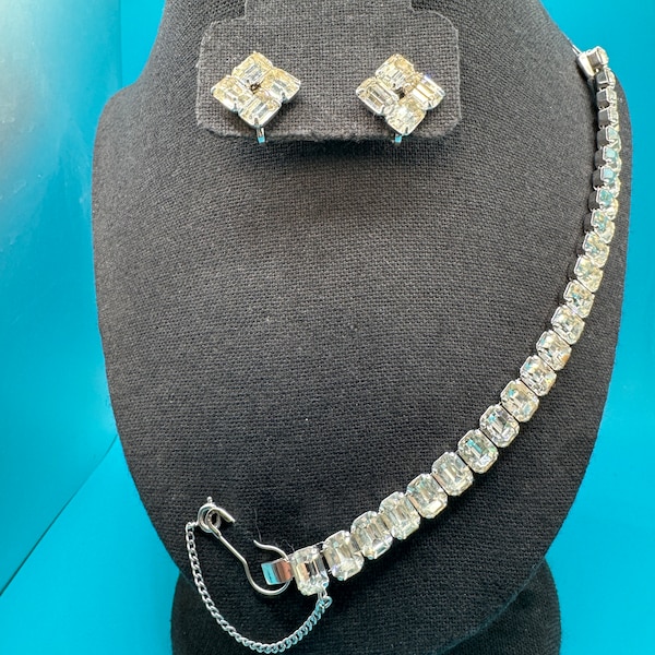 Vintage 1950's Mid-Century Eisenberg Clear Rhinestone Bracelet & matching Screw Back Earrings, Glamorous MCM Jewelry Set Excellent Condition