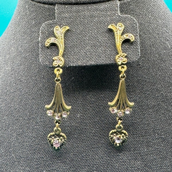 Vintage 1980's Banana Bob Dangle Earrings with Hearts and Pink Crystals - Hand Assembled - NWT