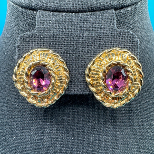 Vintage 1980's Vonelle Purple Swarovski Crystal Gold Tone Post Earrings Signed SAL - NWT