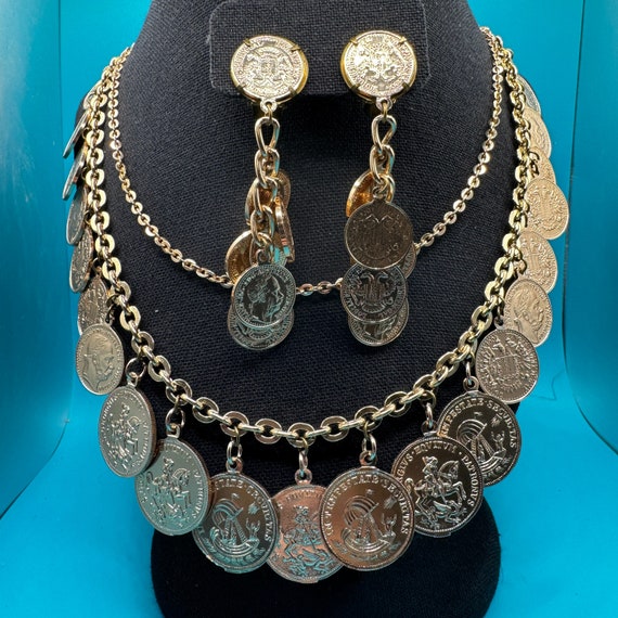 Vintage 1960's Faux Ancient Coin Necklace 38" and 