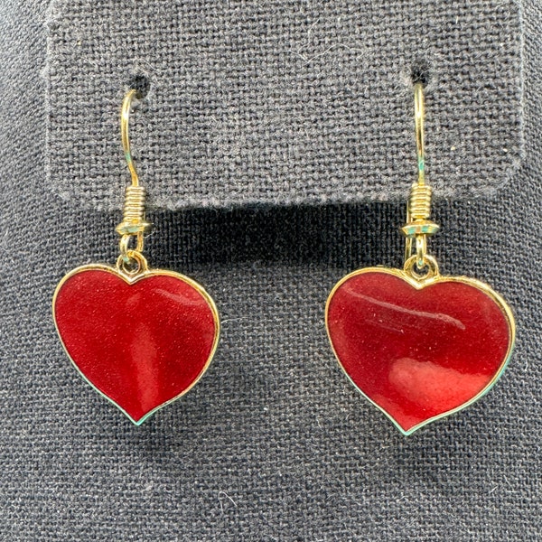 Vintage 1980's Signed Roman Red Enamel Heart Dangle Earrings - NWT