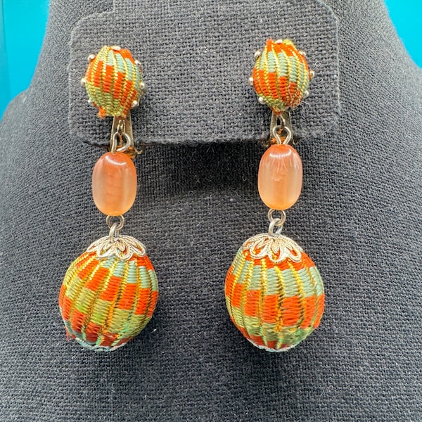 1960's Mod Green Orange & Gold Woven Ball Dangle Clip-on Earrings - Fun!! Moonglow Beads! - Marked Japan