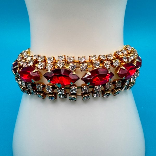 Vintage 1950's Unsigned Beauty Ruby Red and Clear Rhinestone 7" Bracelet - Mid-Century Bracelet