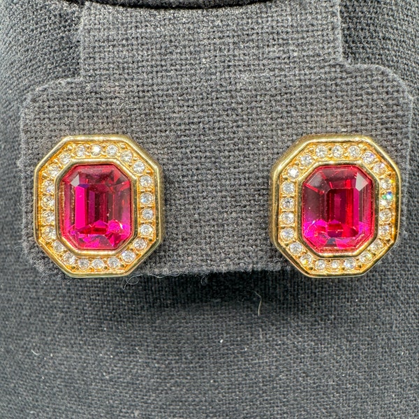 Vintage 1980's Vonelle Hot Pink and Clear Swarovski Crystal Gold Tone Post Earrings Signed SAL - NWT