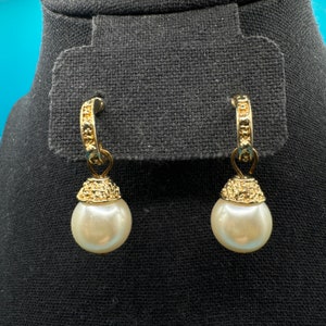 Vintage 1980&#39;s 1928 Jewelry Co. Gold Hoops with Dangling Faux Pearls - NWT