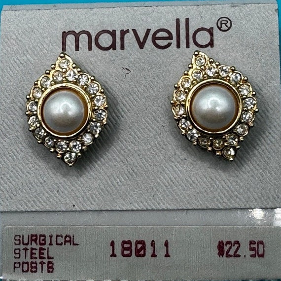 Vintage 1980's Marvella Pearl and CZ Earrings - N… - image 2