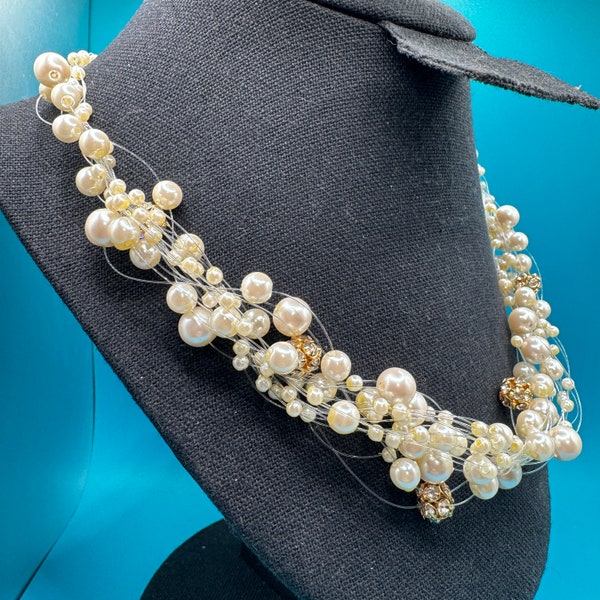 Multi-Strand Floating Pearl Illusion Necklace with Faux Gold and "Diamond" Beads - 18" Length