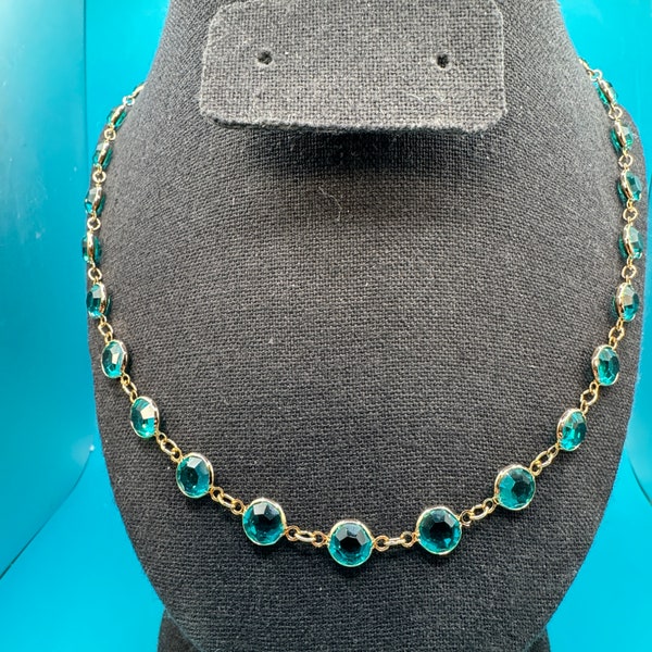 Vintage 1980's Vonelle Teal Blue Swarovski Crystal 37" Bezel Necklace - NWT