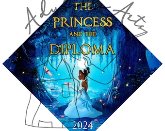 May include: A graduation cap with a blue and green background featuring a princess from Disney's The Princess and the Frog. The text "The Princess and the Diploma" is written in gold lettering. The year 2024 is written in gold lettering at the bottom of the cap.