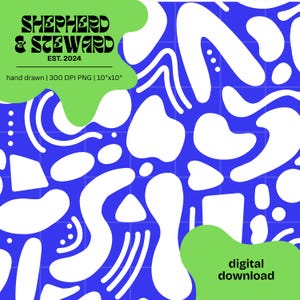 May include: Digital download with a blue backdrop, white abstract shapes, and a grid pattern. The design includes the text "SHEPHERD & STEWARD EST. 2024" and "hand drawn | 300 DPI PNG | 10"x10"", along with "digital download".