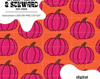 Pink Pumpkin Seamless Pattern: Fall Retro Design (Digital Download)