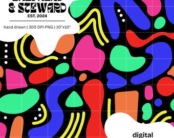 May include: A colorful digital download featuring an abstract design with shapes in red, pink, green, orange, and blue on a black background. The image includes the text "SHEPHERD & STEWARD EST. 2024" and "hand drawn | 300 DPI PNG | 10"x10"", and "digital download".