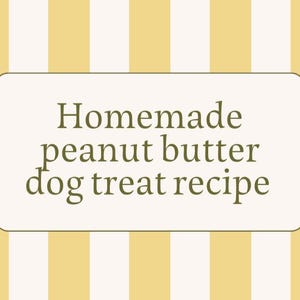 May include: A rectangular sign with rounded corners featuring the dark green text "Homemade peanut butter dog treat recipe" centered on a light cream background, set against a backdrop of vertical yellow and white stripes.