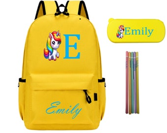 Personalisierter Name Initial Rucksack, personalisierter Bleistift, Mädchen Jungen Kinder Kindergarten Kinder Vorschule Rucksack Schultasche Rucksack mit Box