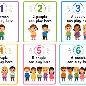 May include: A set of six rectangular educational cards featuring numbers one through six inside colored circles. Each card displays a corresponding number of cartoon children and the text stating how many people can play in that specific group.