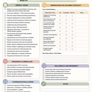 Może przedstawiać: Cotygodniowa lista kontrolna dla nauczyciela wczesnoszkolnego z sekcjami na zadania, obserwacje dzieci, program, komunikację i notatki. Układ zawiera pola wyboru i pola tekstowe w delikatnej, neutralnej palecie kolorystycznej.