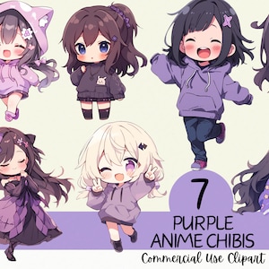 7 Adorable Kawaii Purple Chibi Clipart Bundle - Commercial Use and Transparent Background PNG for Scrapbooking and Journaling and Cardmaking