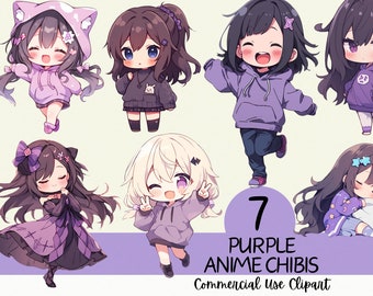 7 Adorable Kawaii Purple Chibi Clipart Bundle - Commercial Use and Transparent Background PNG for Scrapbooking and Journaling and Cardmaking