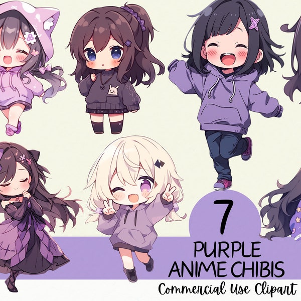 7 Adorable Kawaii Purple Chibi Clipart Bundle - Commercial Use and Transparent Background PNG for Scrapbooking and Journaling and Cardmaking