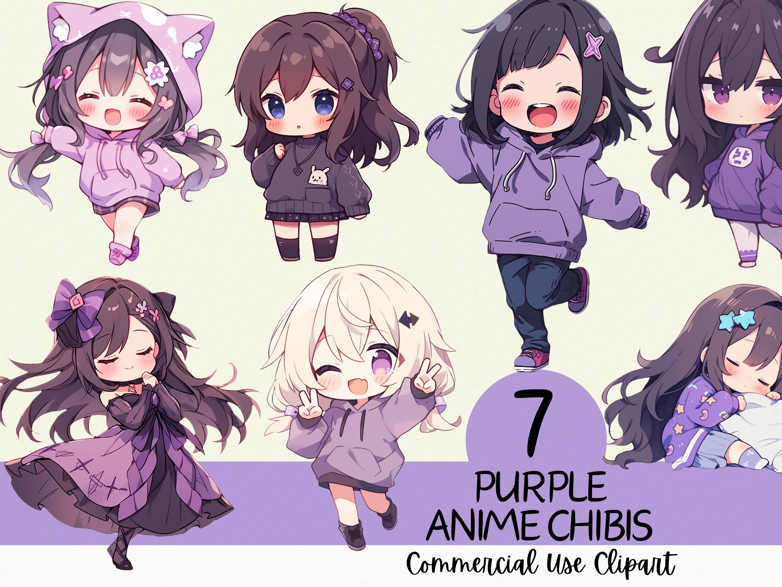 7 Kawaii Lila Chibi Clipart Bundle PNG – Transparent, kommerzielle Nutzung für Scrapbooking, Journaling & Kartenbasteln