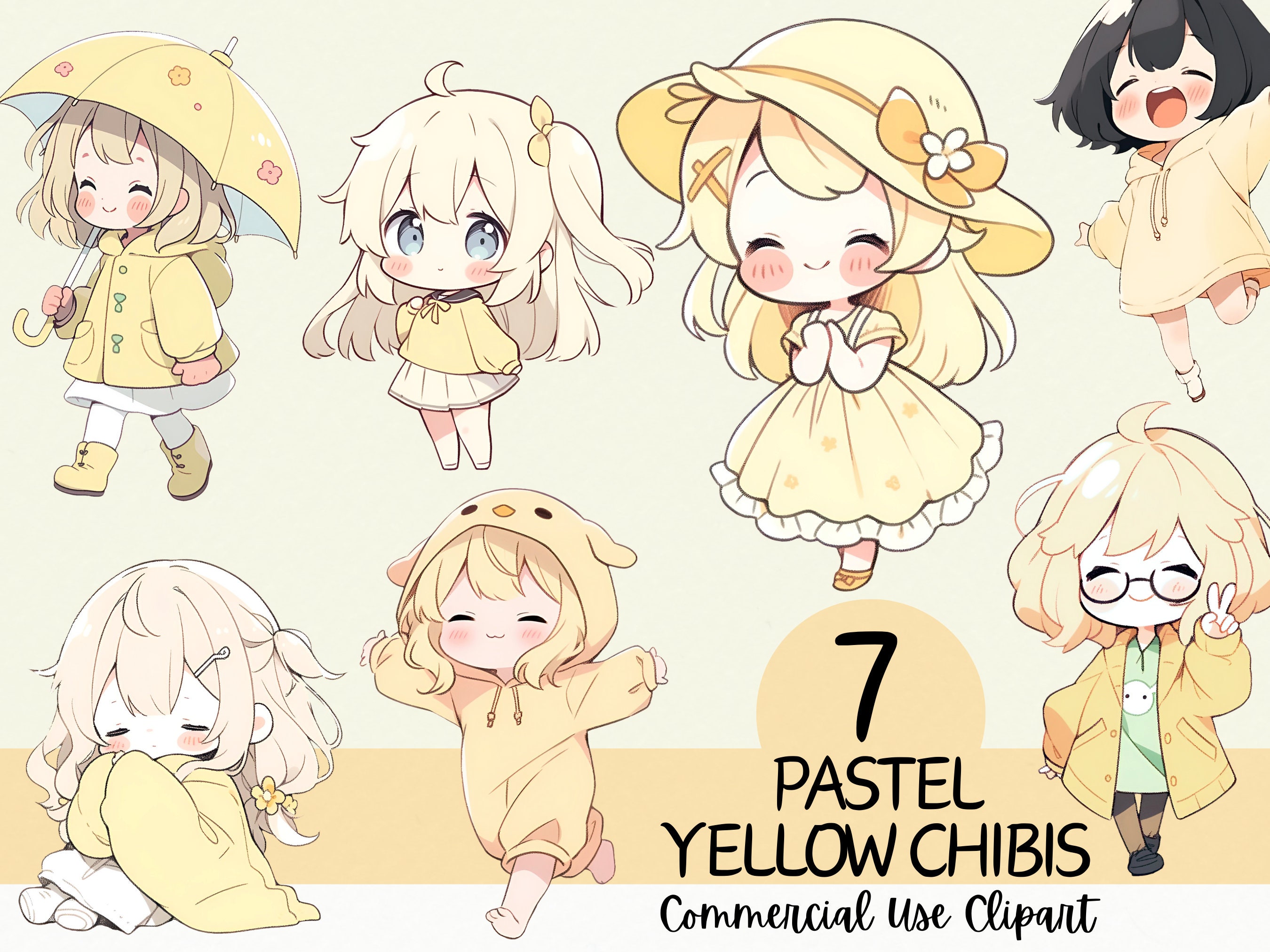 7 Kawaii Pastel Yellow Chibi Clipart Bundle - Commercial Use and Transparent Background PNG for Scrapbooking and Journaling and Cardmaking