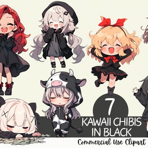 Paquete de 7 adorables chibis kawaii en negro (imágenes prediseñadas) - Uso comercial y fondo transparente PNG para scrapbooking, diarios y creación de tarjetas