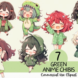 7 adorabili clipart kawaii verdi di Chibi - Uso commerciale e sfondo trasparente PNG per album, streaming, diari e biglietti d'auguri