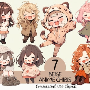 Paquete de 7 adorables imágenes prediseñadas de chibis beige kawaii: uso comercial y fondo transparente PNG para álbumes de recortes, diarios y creación de tarjetas
