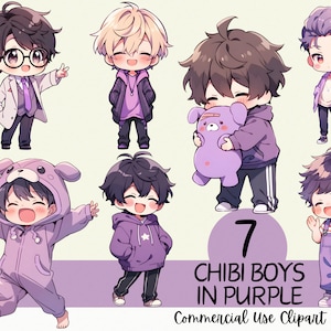 7 Cute Anime Chibi Boys in Purple Clipart Pack - Commercial Use and Transparent Background PNG for Planners, Streaming, Stickers, Cardmaking