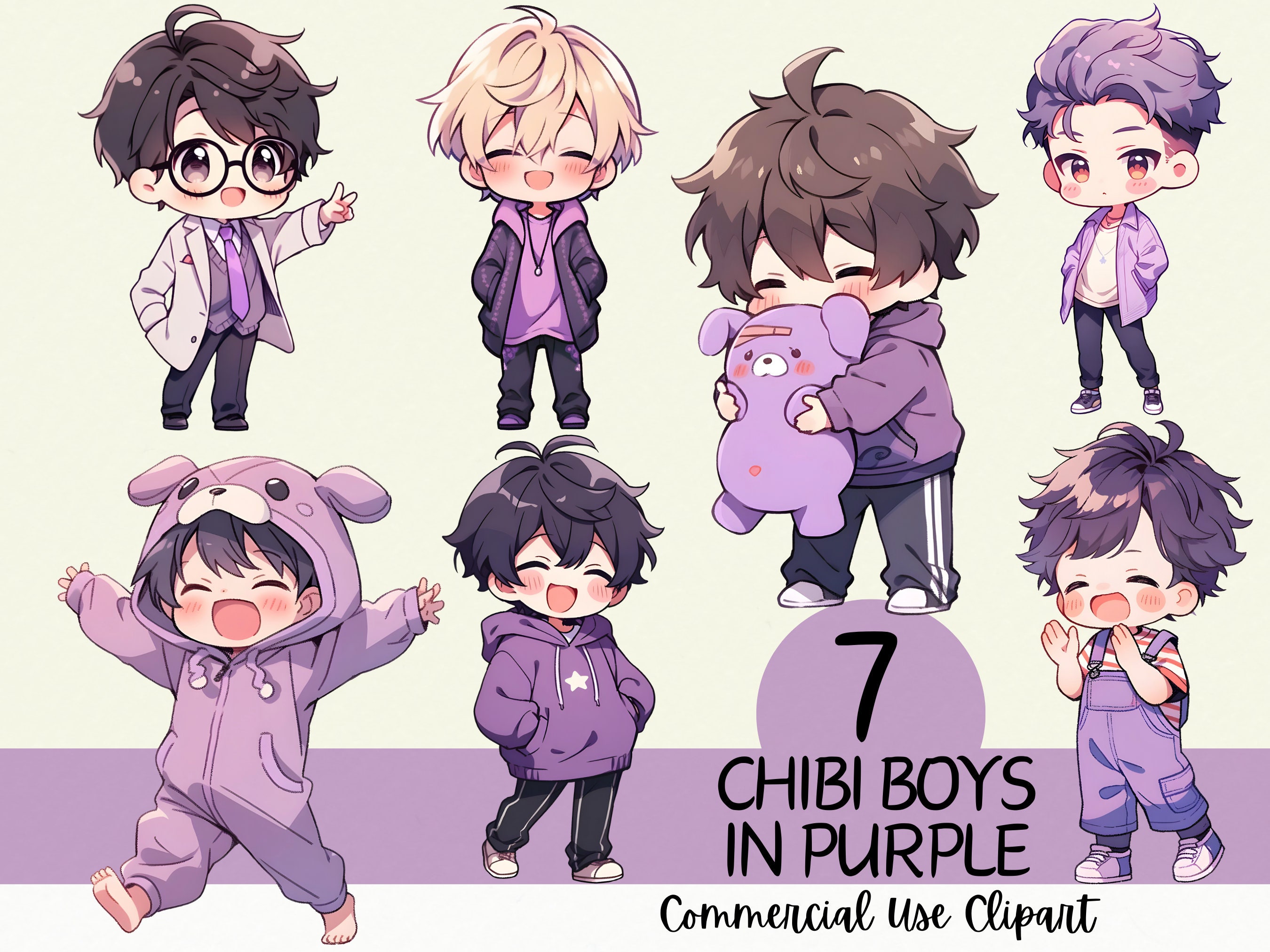 7 Cute Anime Chibi Boys in Purple Clipart Pack - Commercial Use and Transparent Background PNG for Planners, Streaming, Stickers, Cardmaking